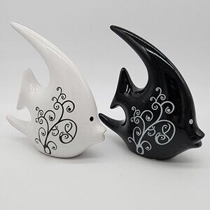 Ceramic Tropical Fish Pair Figure White Black 7.5" Tall Home Decor